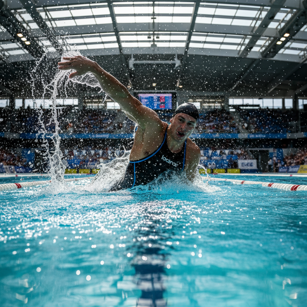 Male swimmer mid-stroke in a competition pool, water spraying, intense focus