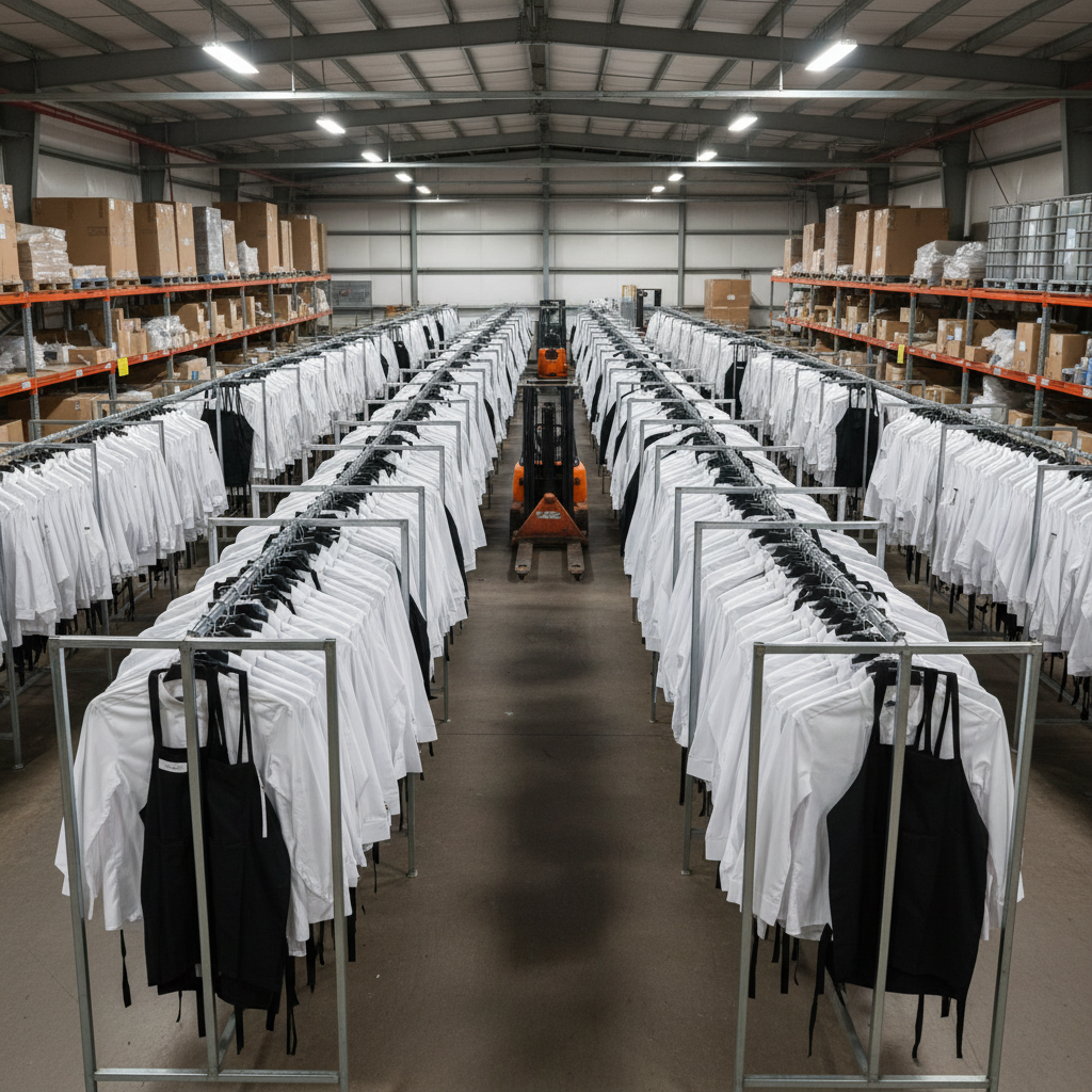 Rows of pressed hospitality uniforms on steel rails in a warehouse storage facility