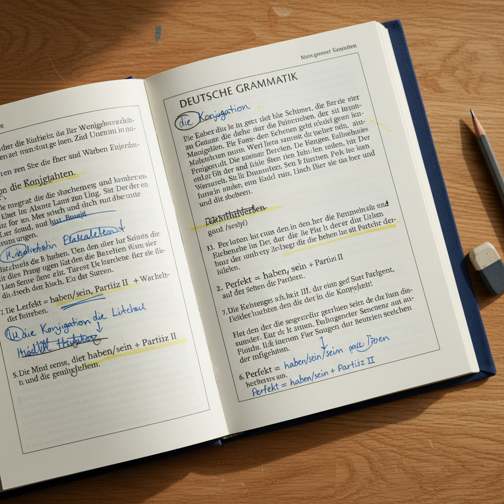 German language textbooks and study materials on a wooden desk