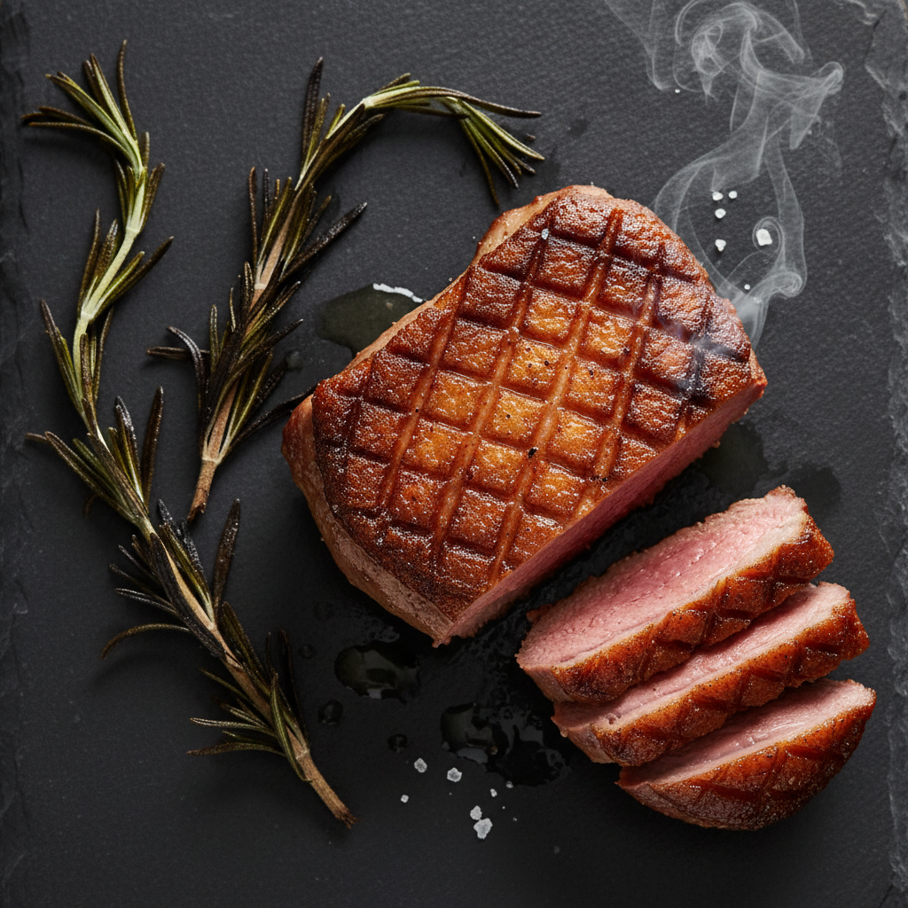 Seared duck breast on dark slate plate, rich mahogany sauce, elegant fine dining plating, deep moody lighting