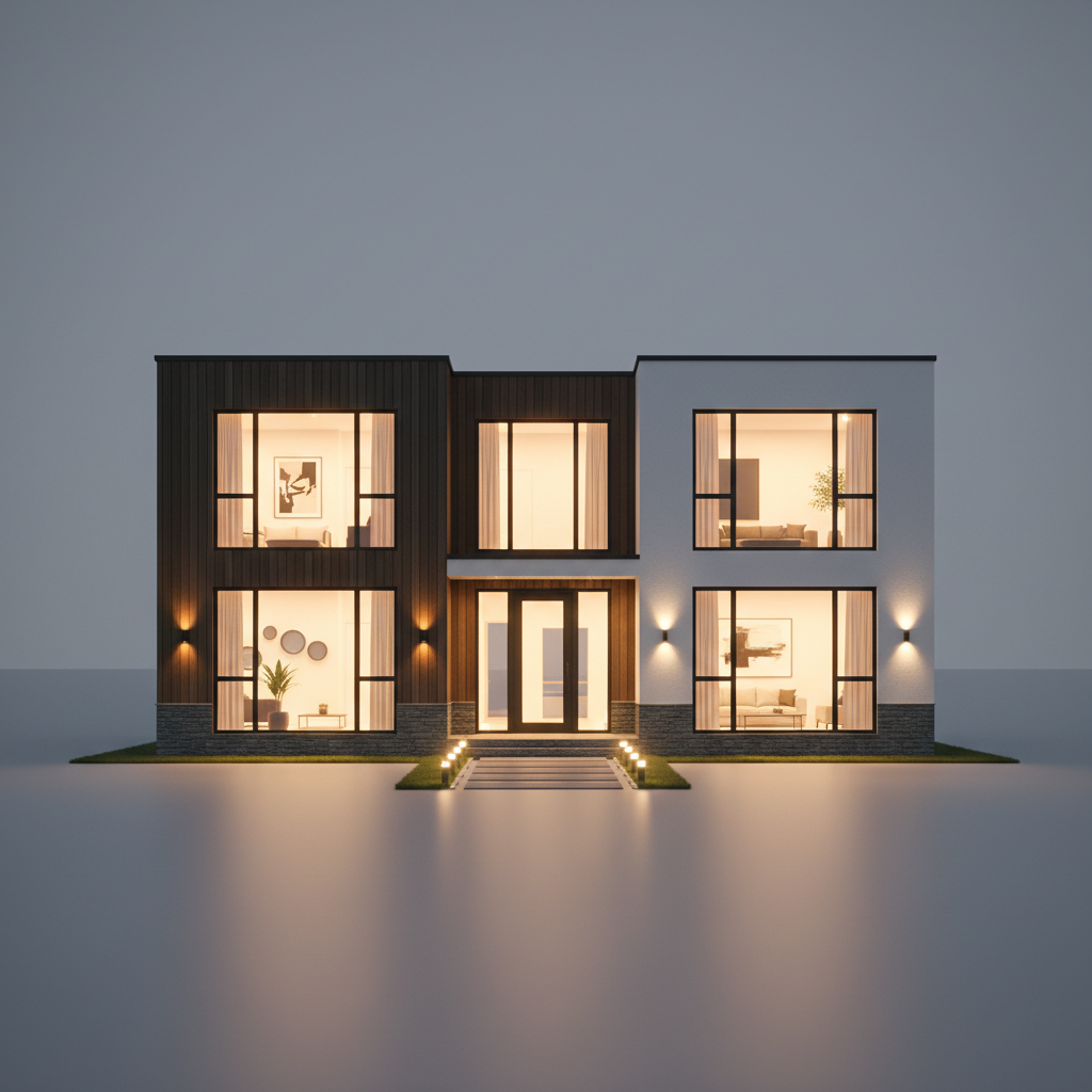 Premium modern residential property exterior at dusk with warm interior lighting visible through large windows and architectural landscaping