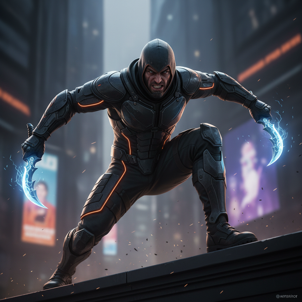 Shadow Assassin - Karakter rogue dengan kostum hitam sleek dan belati kembar dalam pose stealth dinamis yang menampilkan gerakan cepat dan teknik bayangan