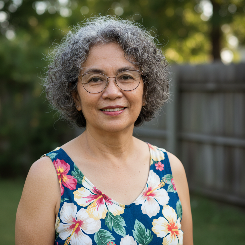 Filipino woman with glasses and friendly expression