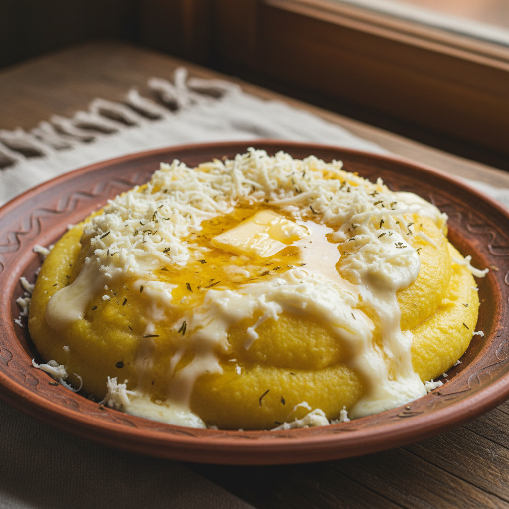 Mămăligă polenta with butter and cheese on rustic plate