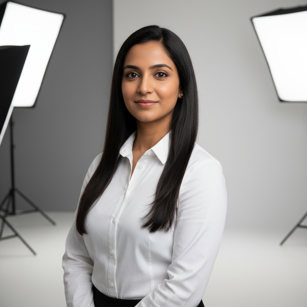 Indian woman in classic black top, western casual wear, studio lighting