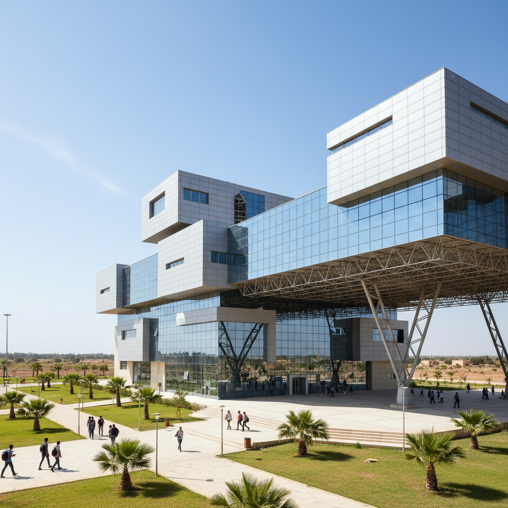 Modern university building with glass facade and manicured lawns in bright daylight