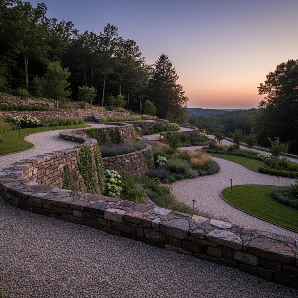 Estate garden with dry-stack stone retaining walls, woodland edges, and manicured gravel paths at dusk