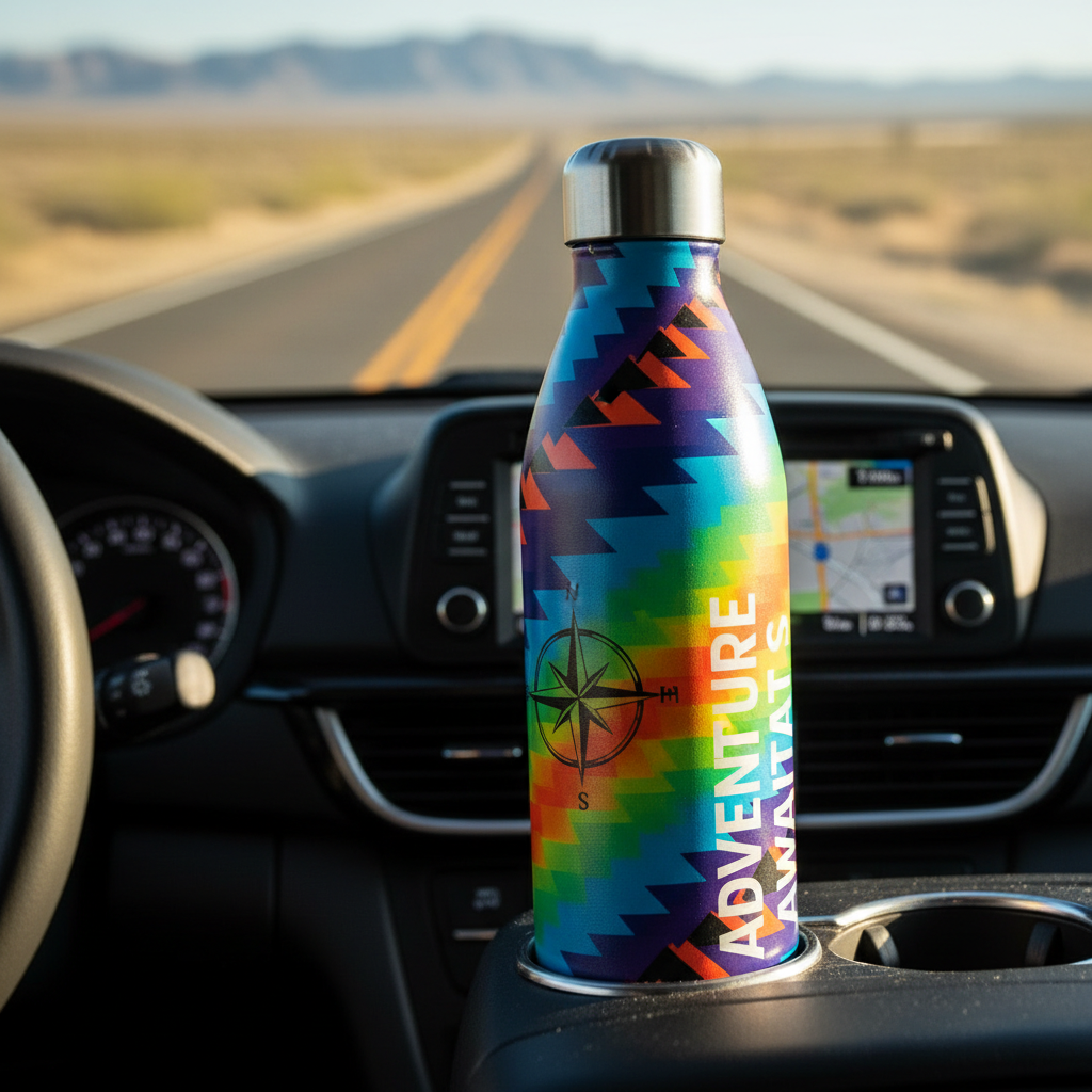 Bold custom printed water bottle in car cup holder on a road trip dashboard lifestyle photography