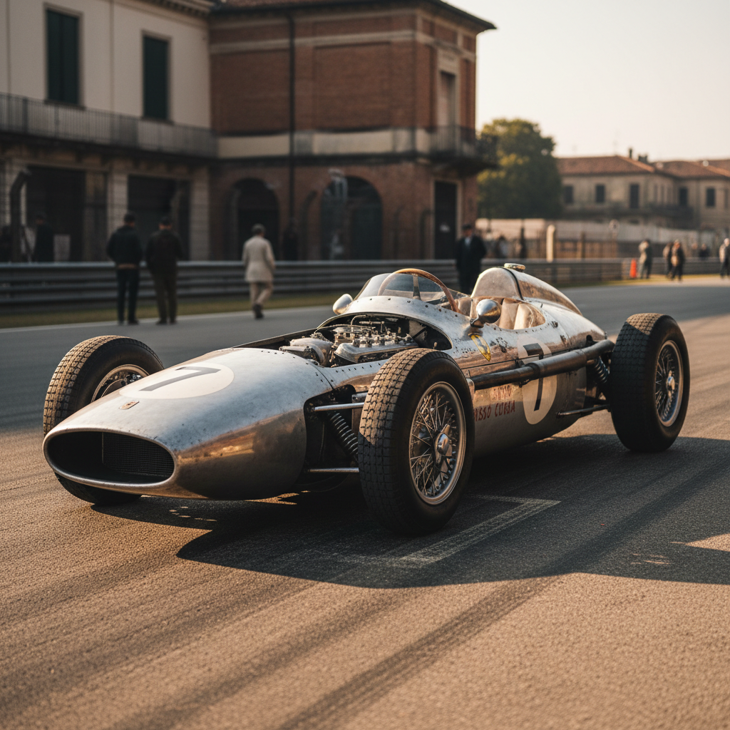 Vintage 1950s Formula 1 racing car — front engine layout, pre-war grand prix machine, Fangio era historical motorsport
