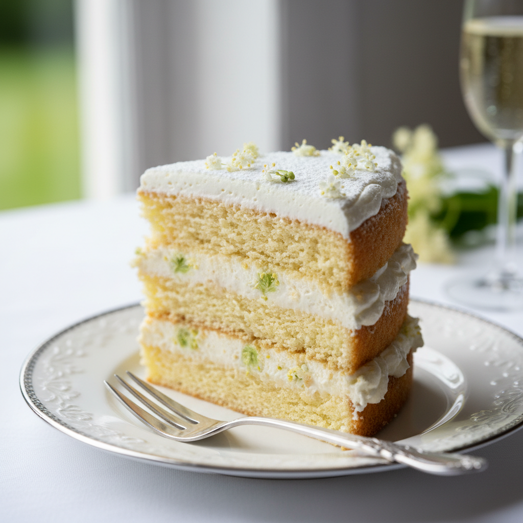 Wedding cake slice showing almond sponge layers with elderflower curd