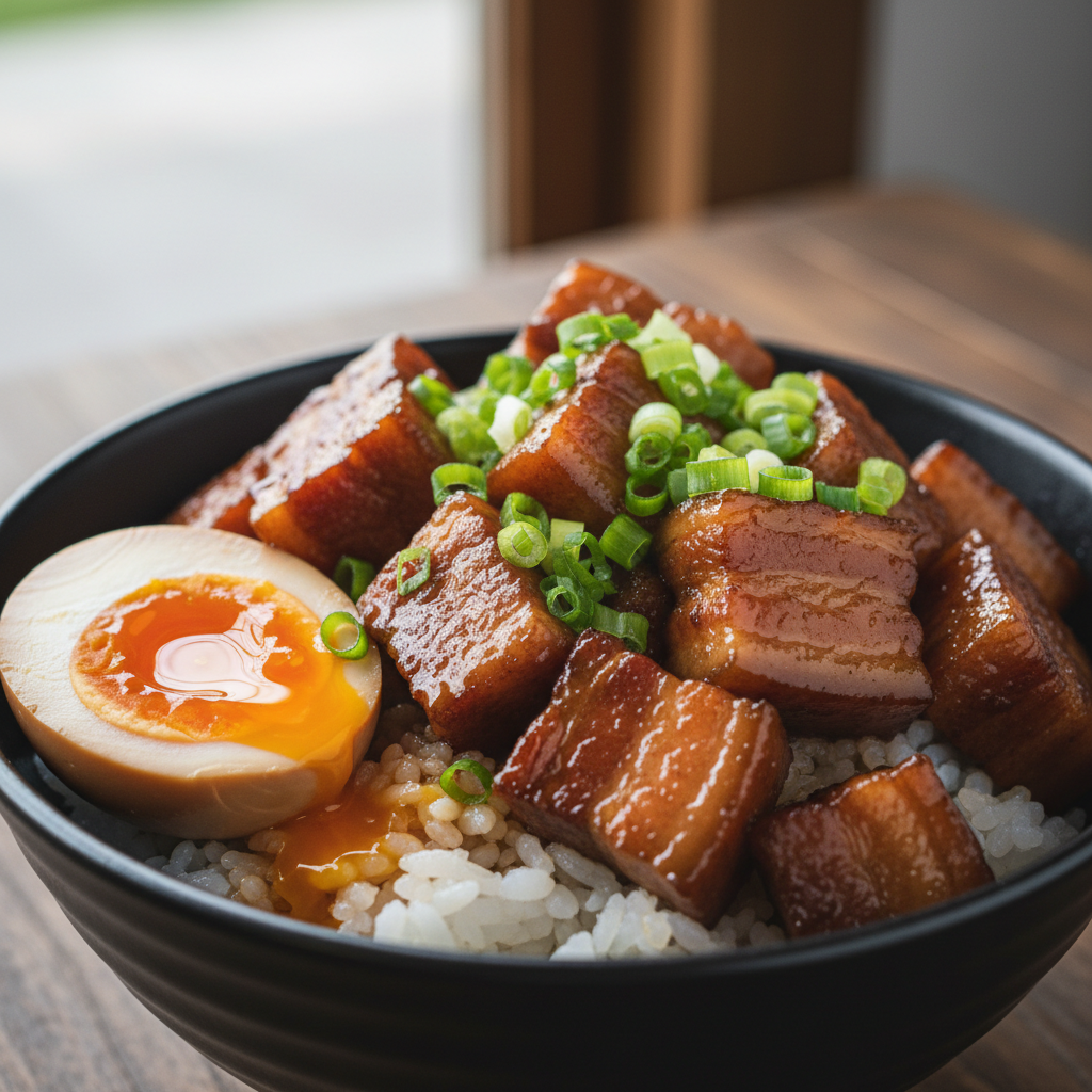 Forbidden black rice bowl with glistening braised pork belly, soft-boiled egg halved, scallion garnish
