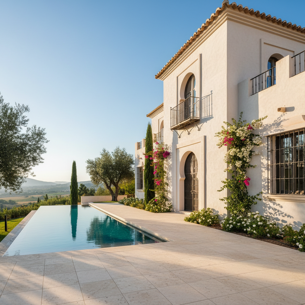 Modern villa exterior with clean white architecture and large windows, bright Mediterranean daylight