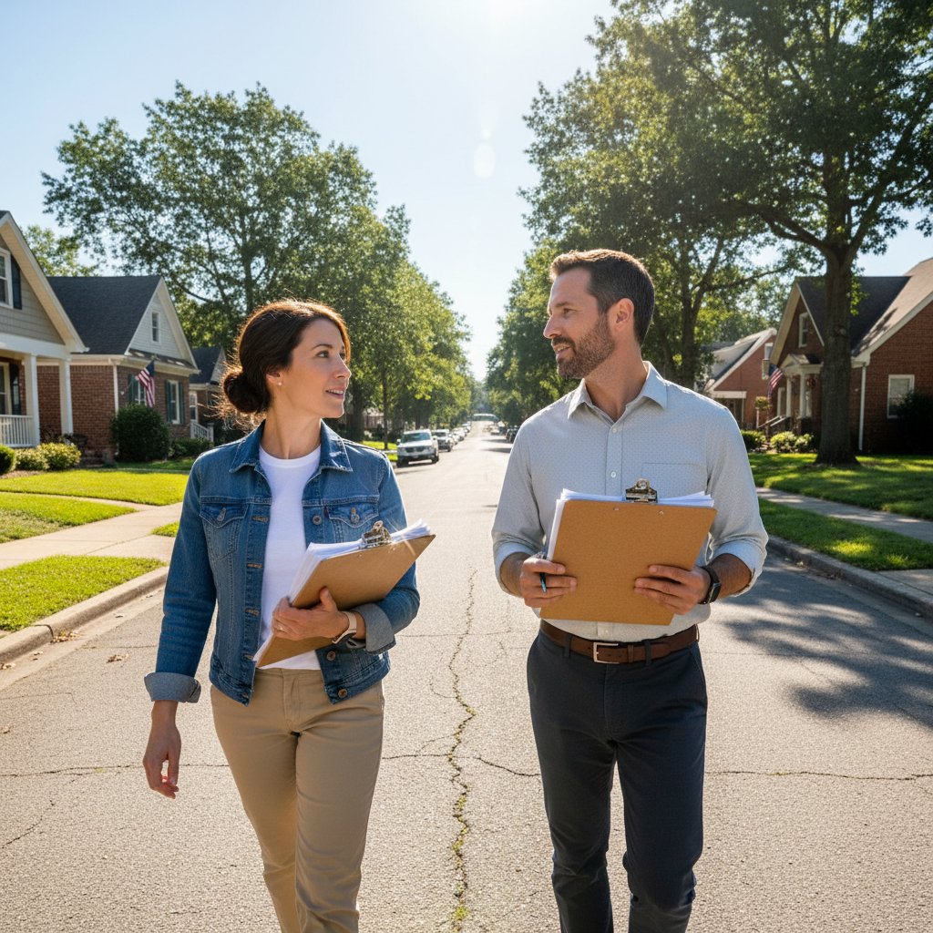 Two organizers walking up a residential street with clipboards on a sunny afternoon