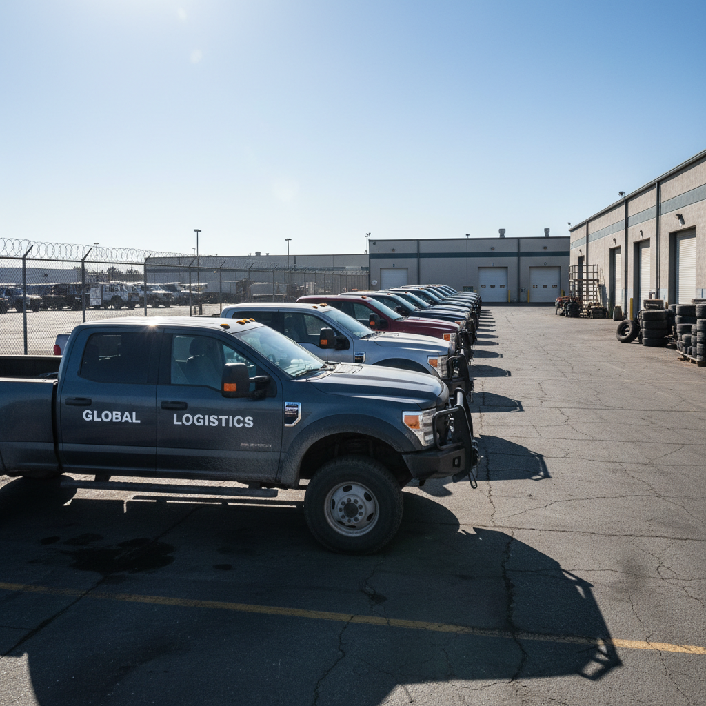 Row of heavy-duty pickup trucks lined up at a fleet yard in West Texas under bright midday sun