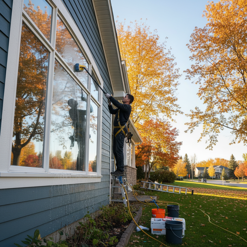 Professional residential window cleaning on a home exterior