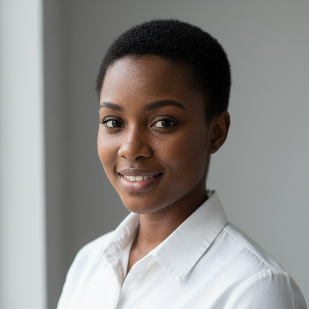 Young Nigerian woman smiling, professional headshot, warm natural light