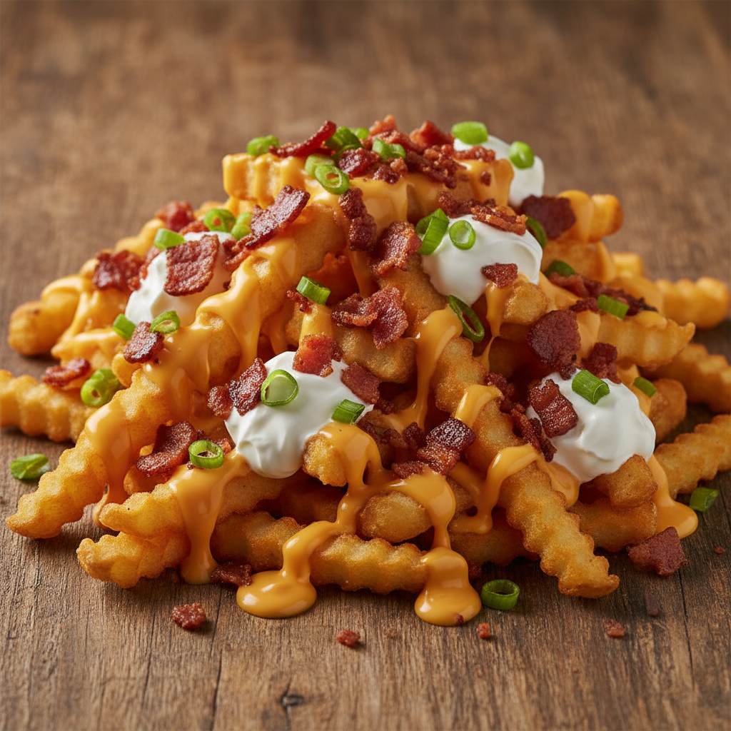Crispy loaded fries topped with melted cheese, bacon bits, and sour cream