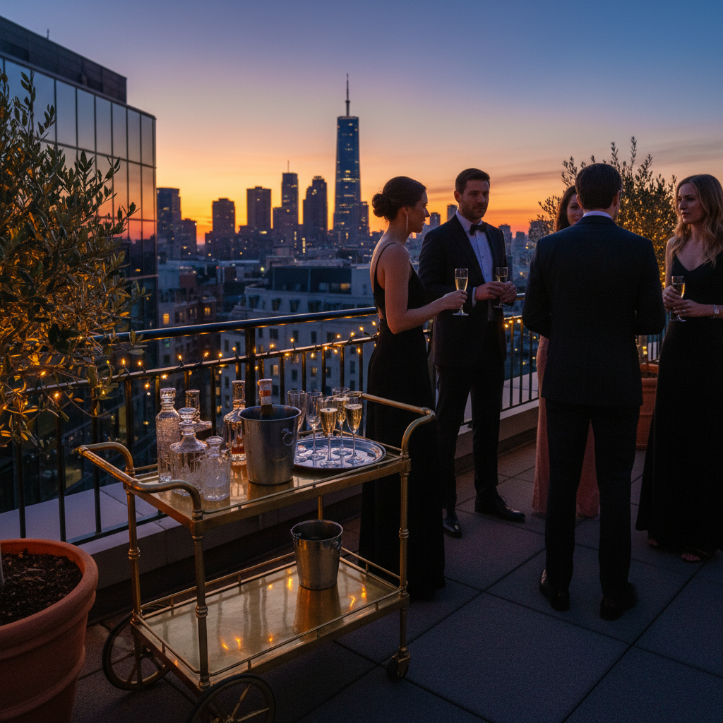 Elegant rooftop cocktail hour with brass bar cart, passed champagne flutes, guests in formal attire against twilight skyline