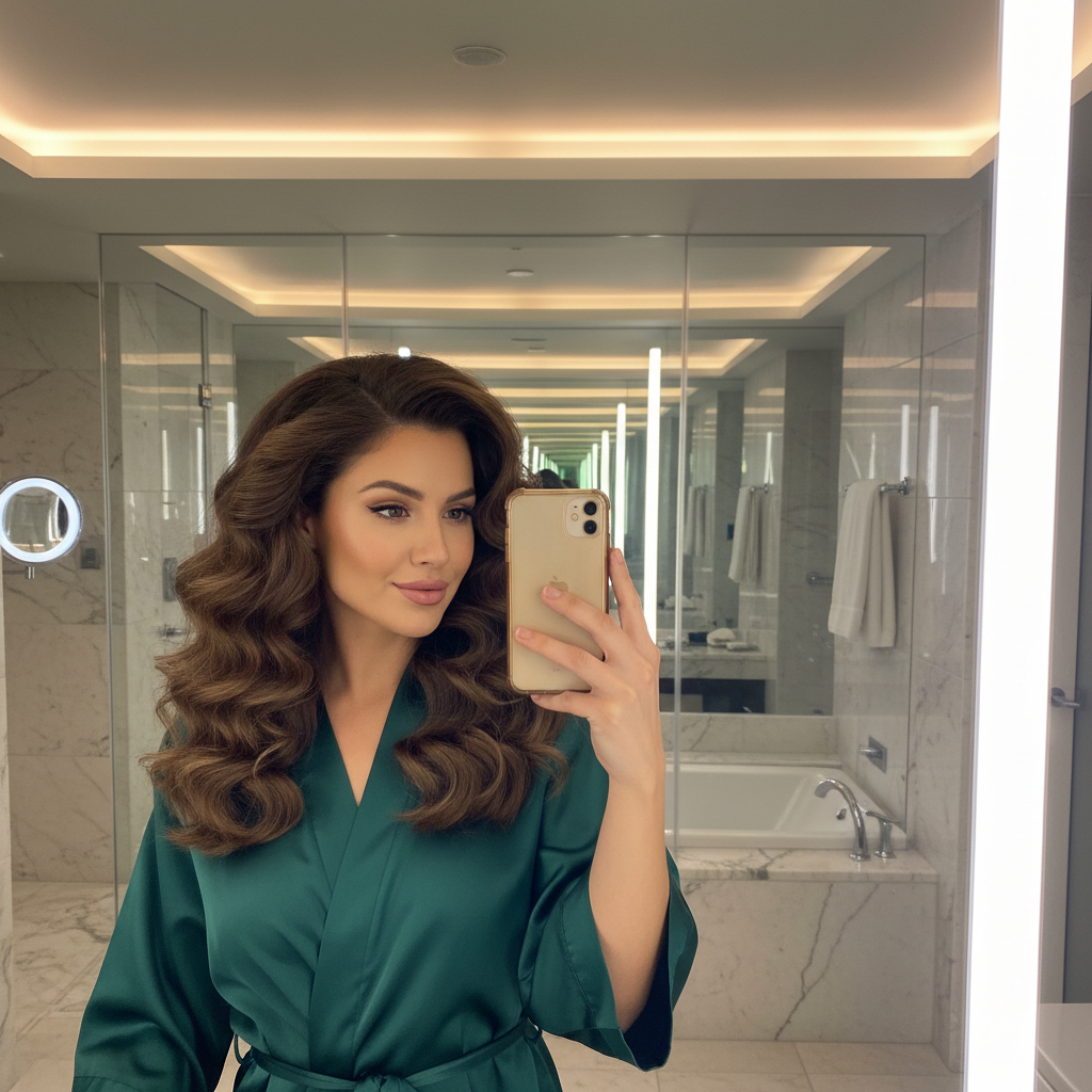 Blowout result in a hotel bathroom mirror selfie