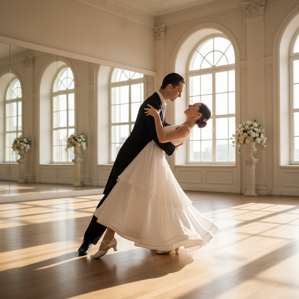 Couple mid-dip in elegant dance studio, private wedding choreography session
