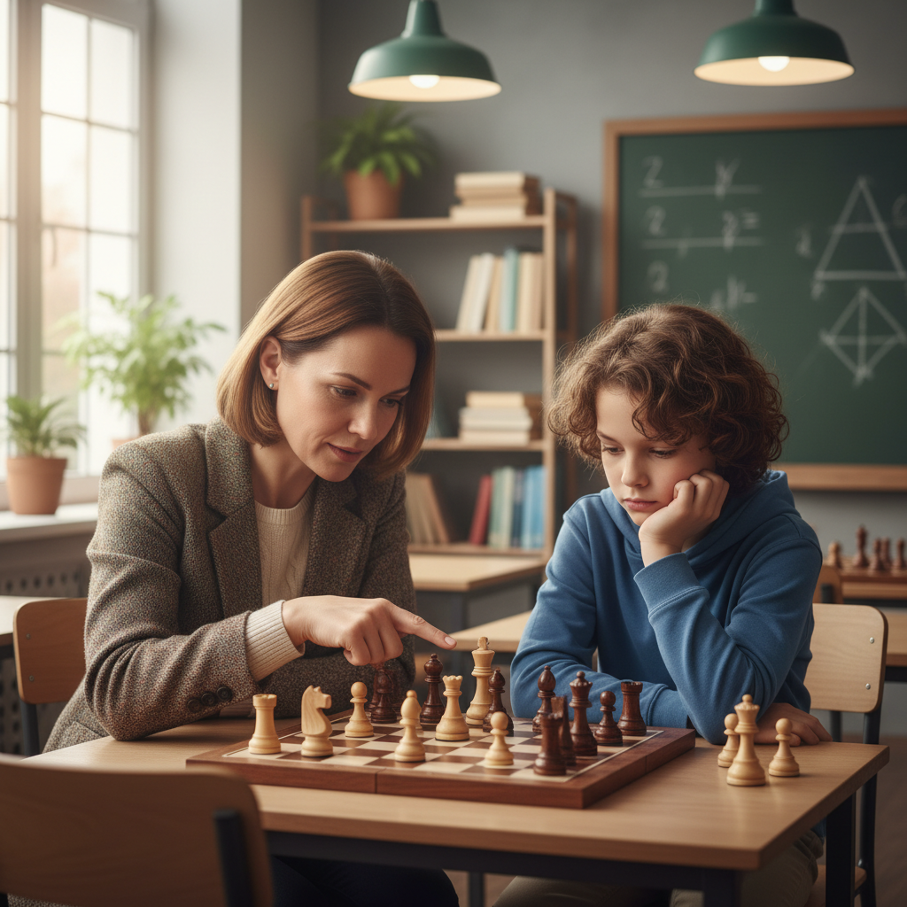 Chess coach and young student deeply focused on a chess position during a lesson, warm school environment