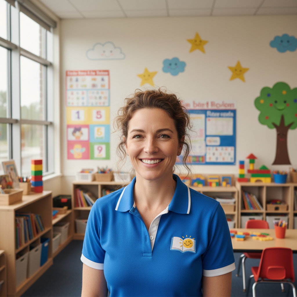 Female franchise owner smiling in her Sprout learning center surrounded by colorful classroom decor