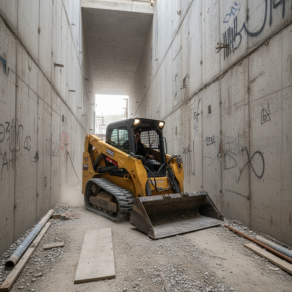 Compact skid steer loader maneuvering in a tight construction space between concrete walls