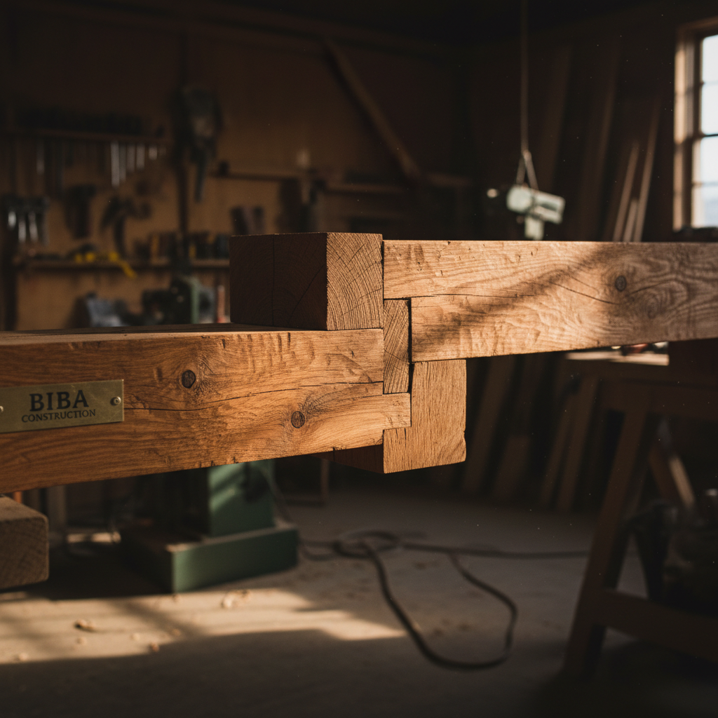 Biba Construction carpentry detail, close-up timber workmanship, dim workshop background with dark shadows and warm wood tones