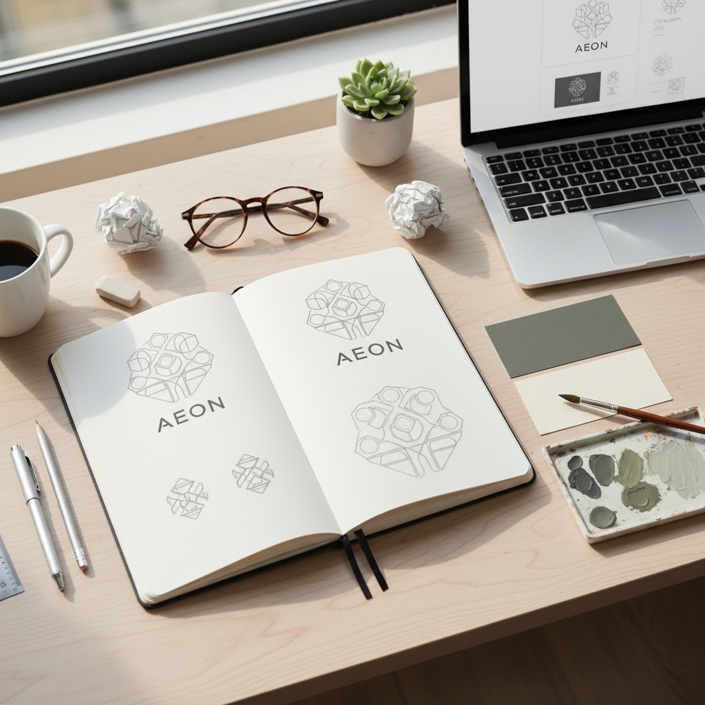 Designer working on brand identity layout with color swatches and typography samples on desk