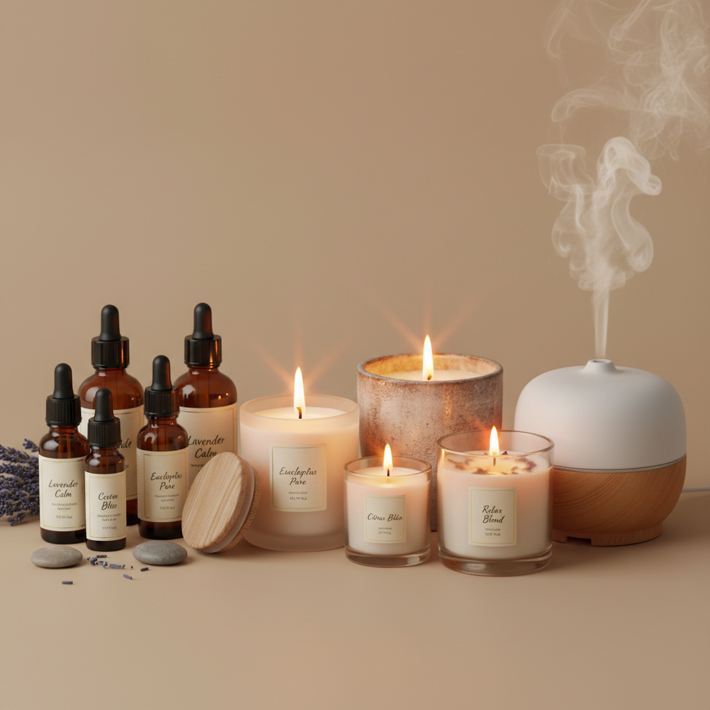 Aromatherapy essential oils in amber glass bottles with dried flowers and candles in spa setting