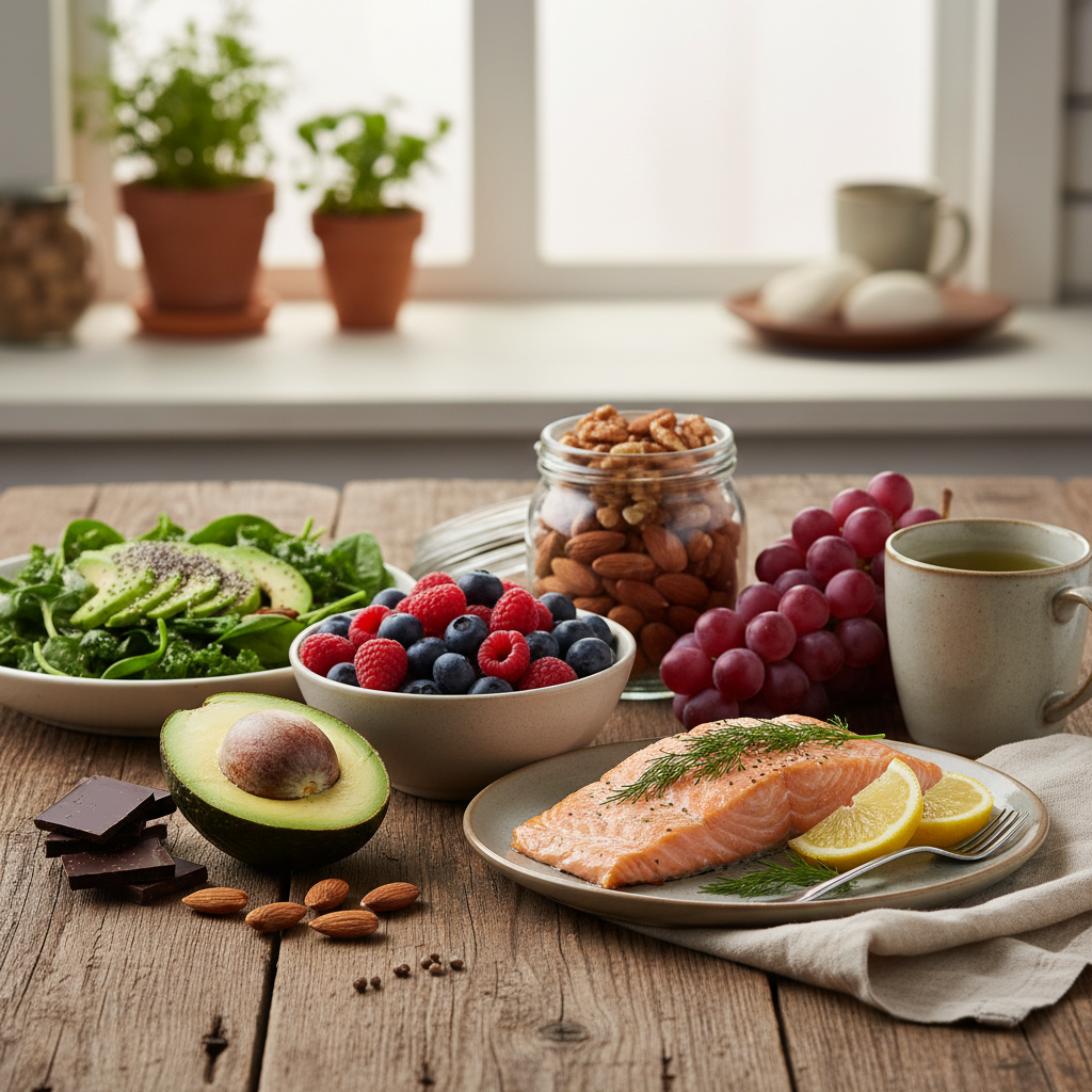 Overhead view of a wooden cutting board with fertility-friendly foods: wild salmon fillet, halved avocados, dark leafy greens, pomegranate seeds scattered like jewels, a small dish of supplement capsules, and fresh herbs