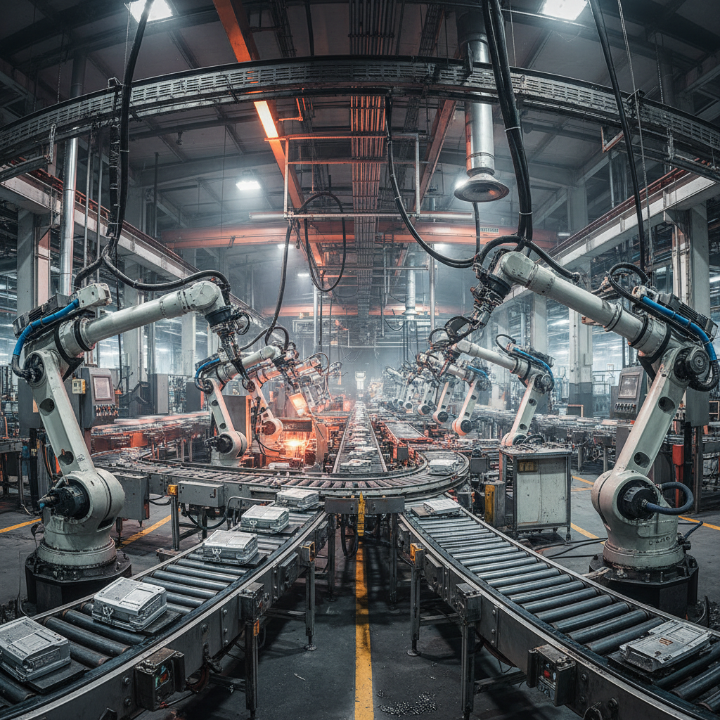 Dark industrial factory interior with steel catwalks and machinery, dim orange safety lighting, heavy shadows and metal textures