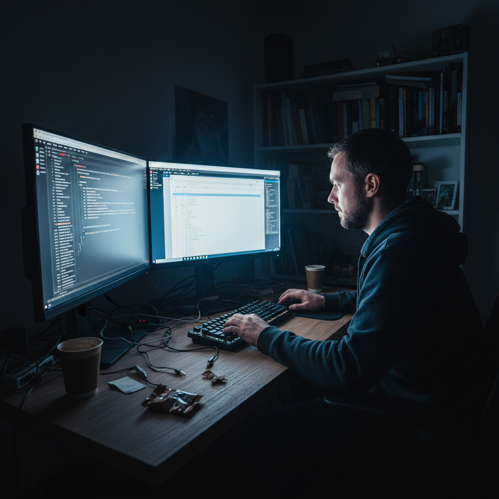Professional developer at workstation with dual monitors showing code in dark environment