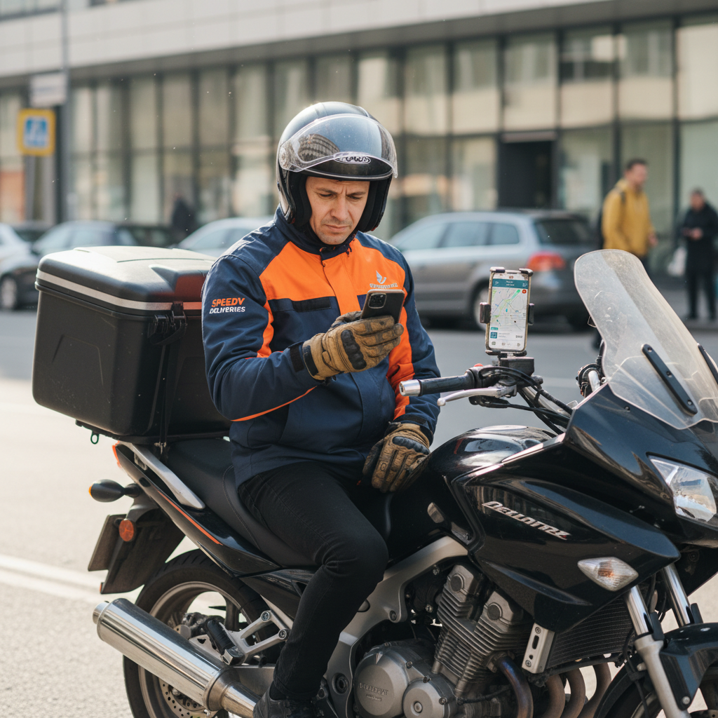 Gig economy delivery worker on a motorcycle checking a smartphone app