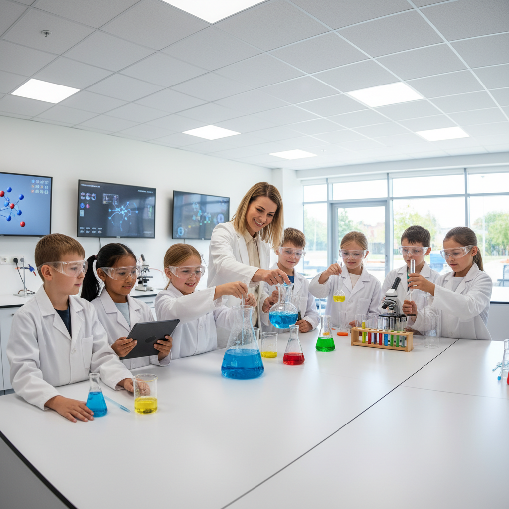 Children engaged in science experiment with teacher guiding them in a well-lit school laboratory