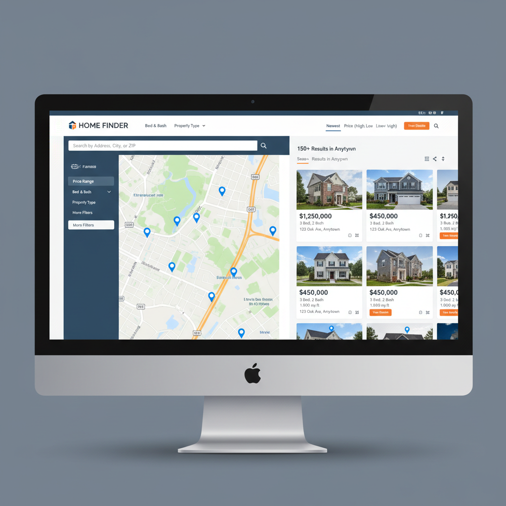 Real estate listing website on dark background, property cards with blue accents, map interface