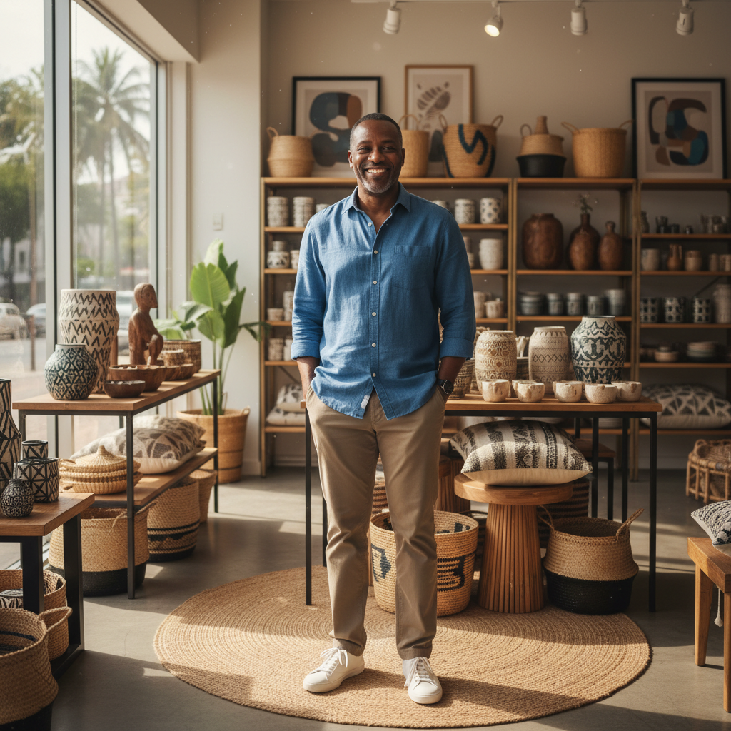Nigerian man Emmanuel smiling proudly outside his small business, representing JJHF rehabilitation program success