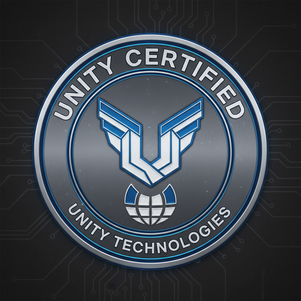 Unity Technologies certification badge with blue and white logo on dark background