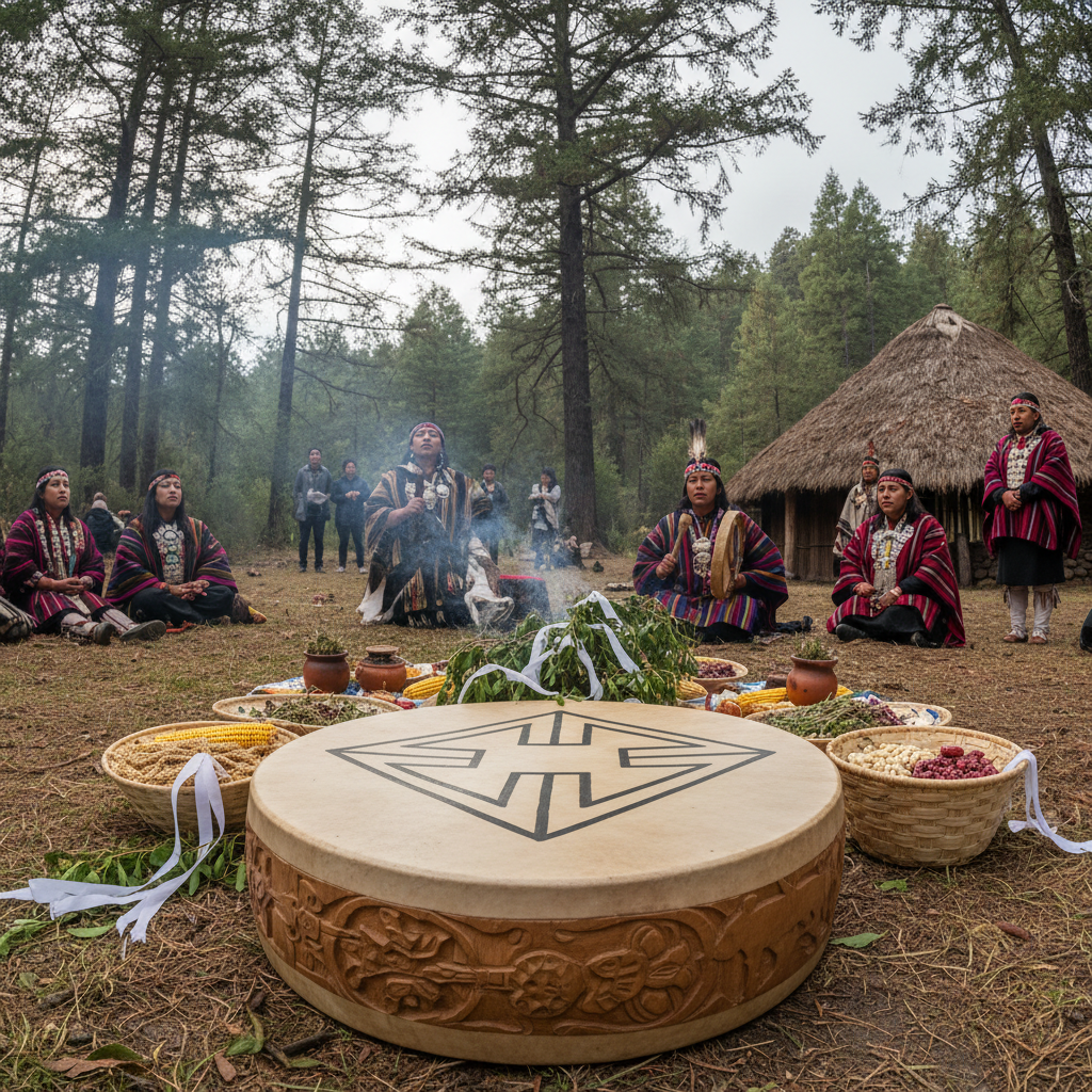 Músicos afrocolombinos en traje tradicional de la costa pacífica tocando marimba y tambores en una ceremonia nocturna, luz de antorchas y velas, atmósfera de ritual ancestral