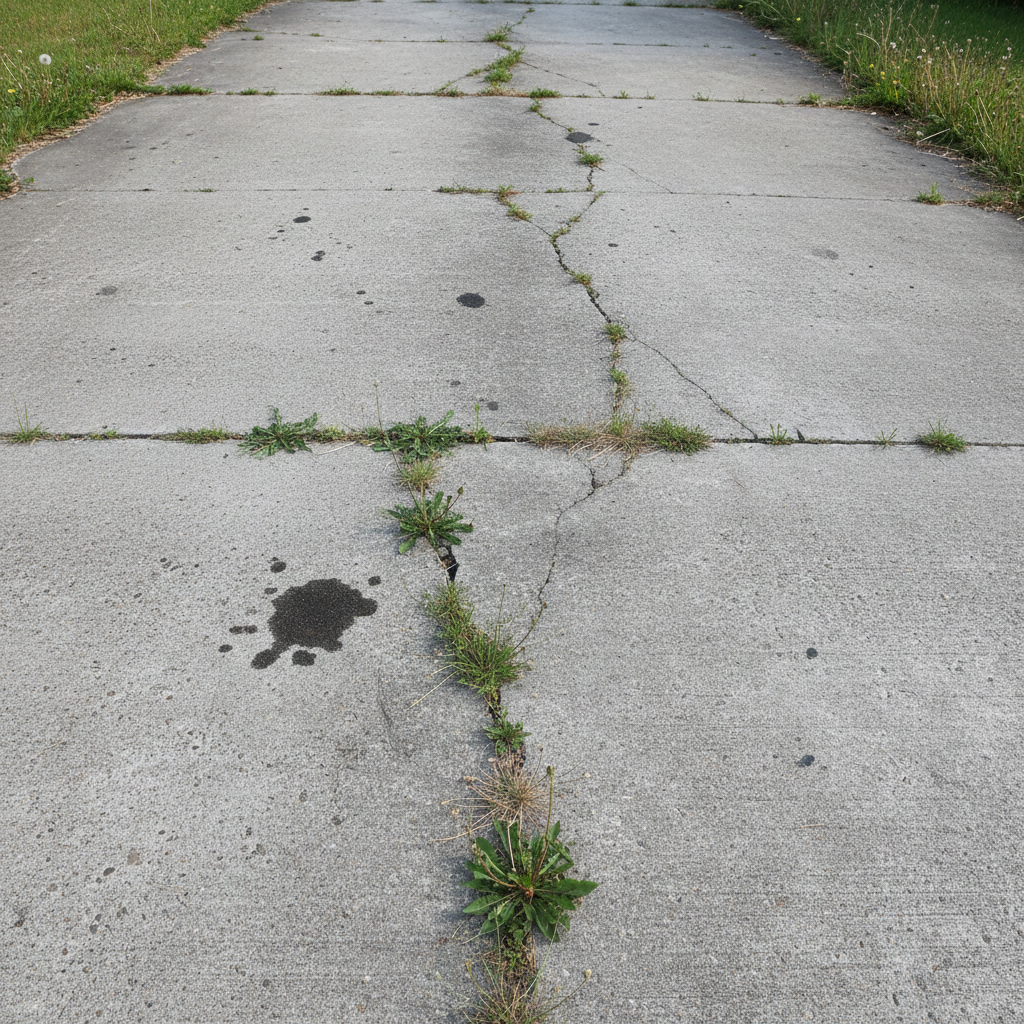 Dark stained concrete driveway with green algae growth and oil stains, dingy appearance, overcast lighting