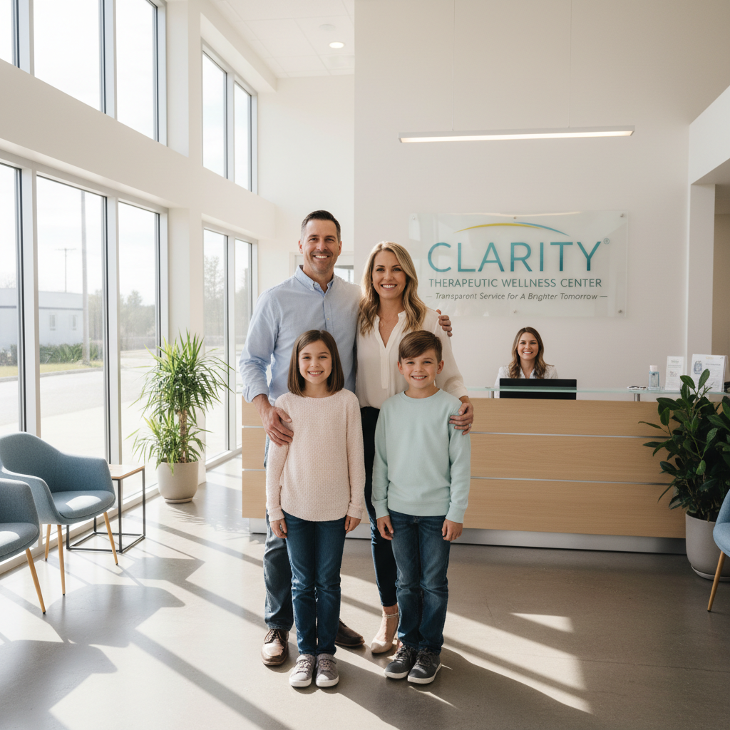 Madre venezolana con su hijo en sala de espera de clínica privada, expresión de alivio y cuidado