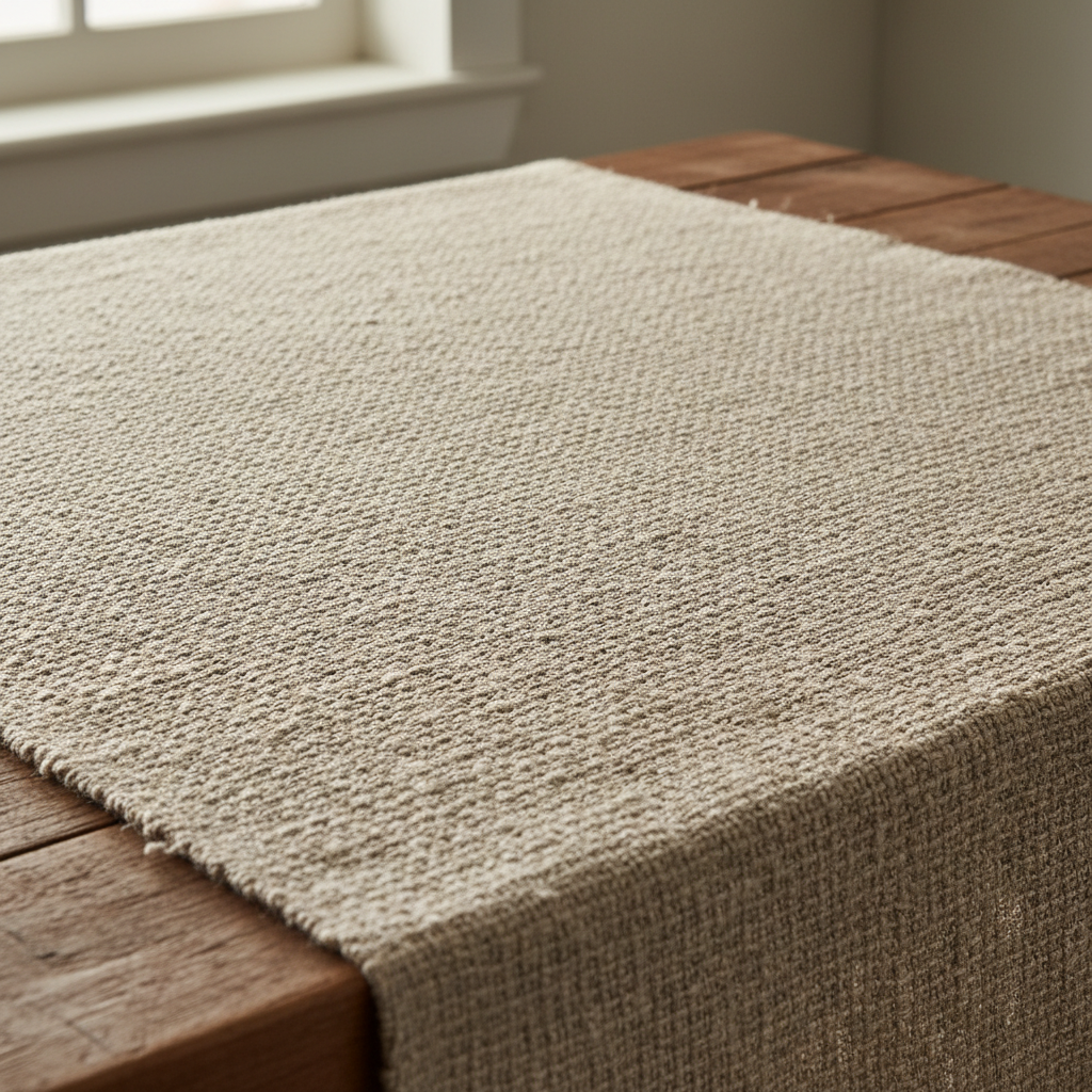 Tissu en lin beige texturé, détail de trame naturelle, lumière douce, surface artisanale