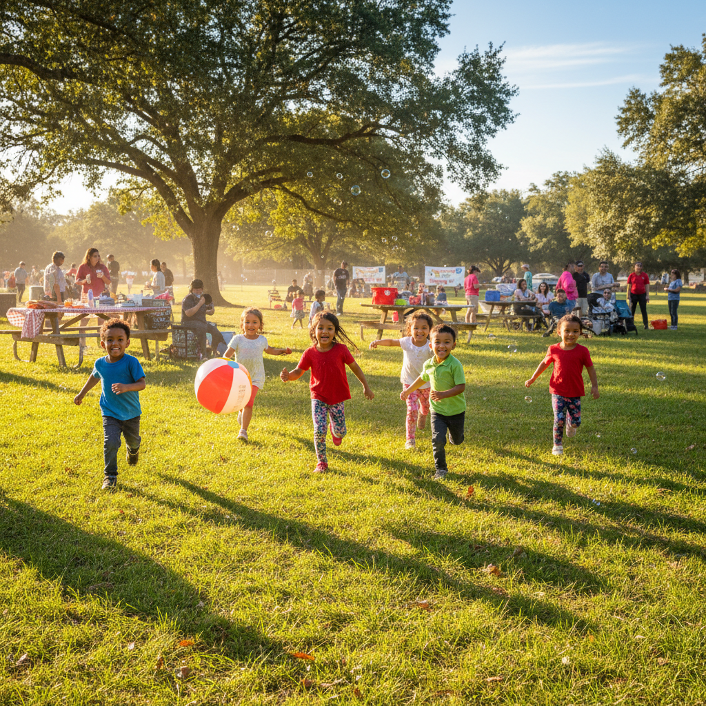 Children playing outdoors at a community park event on a sunny day
