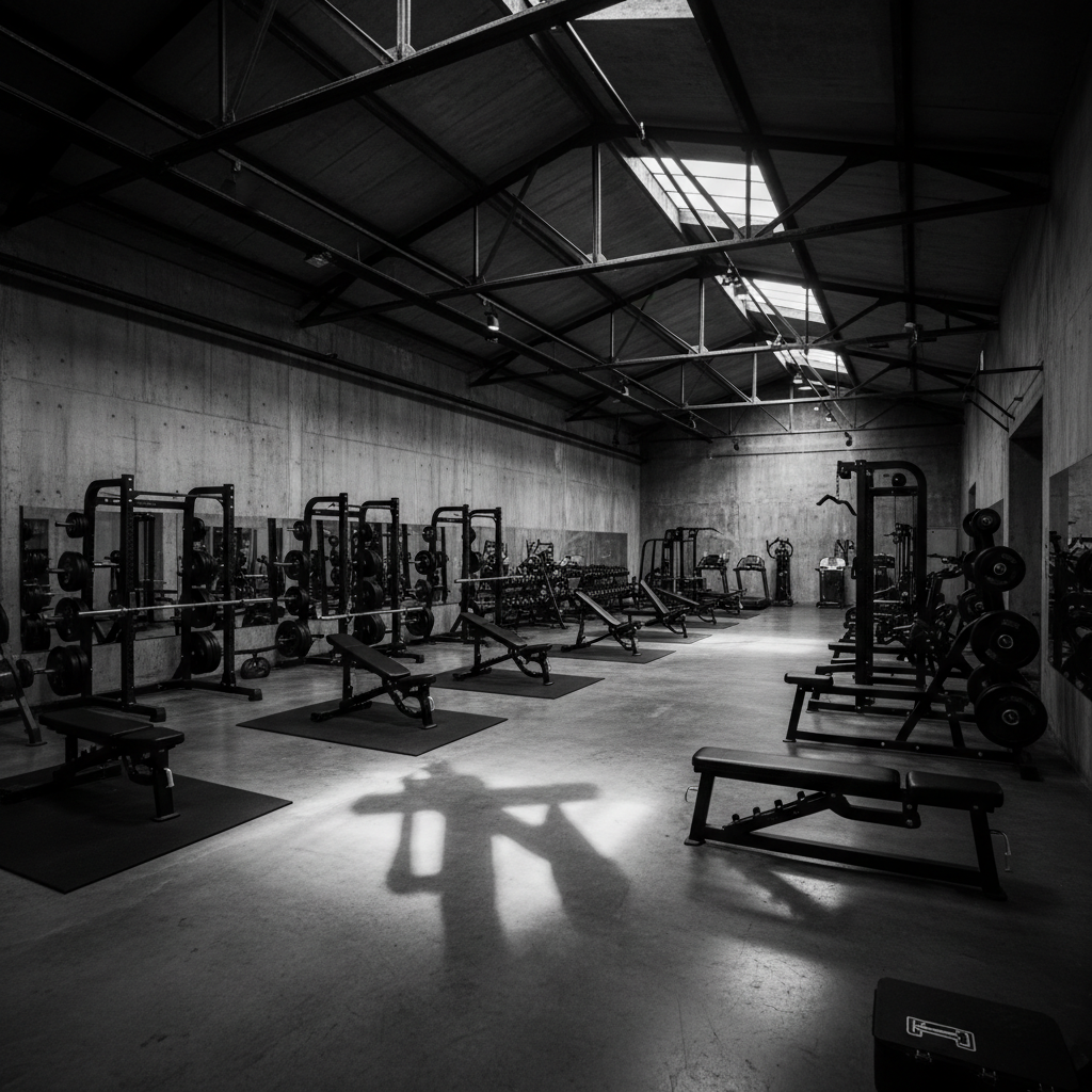 Dark gymnasium interior with dramatic ceiling lights, deep shadows on walls, raw industrial feel