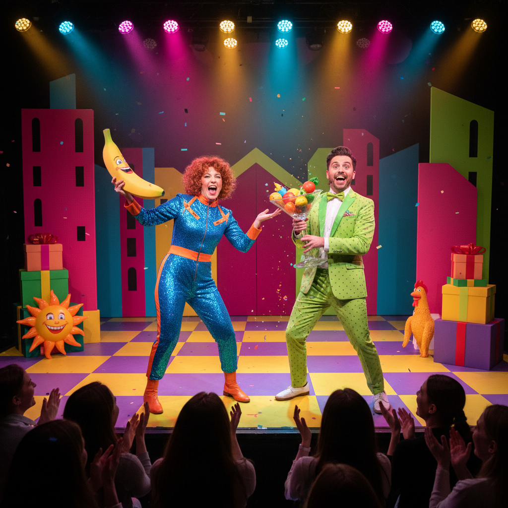 Bright comedy set with colorful production design and two actors in mid-scene