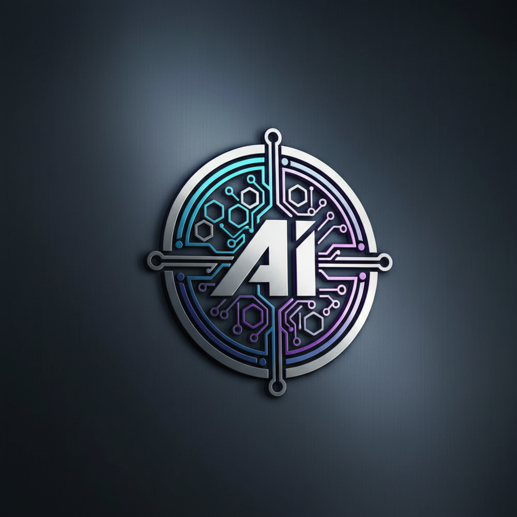 Blue and violet geometric AI pattern on dark background