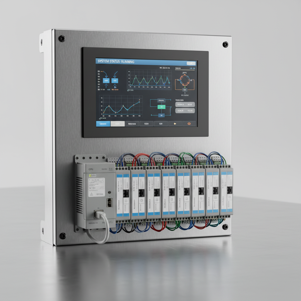 PLC control panel with Siemens or Allen Bradley programmable controller and HMI touchscreen interface