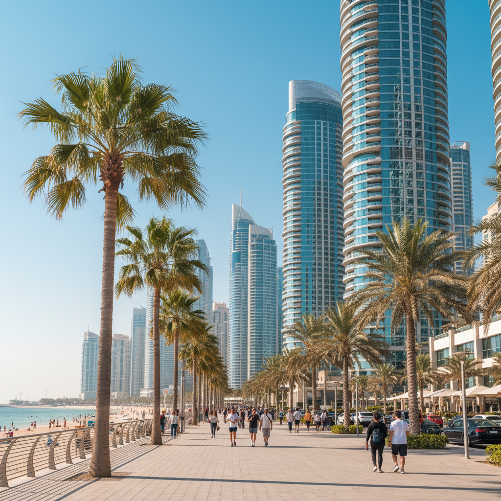 Luxury beachfront residential tower with glass facade overlooking Dubai Harbour