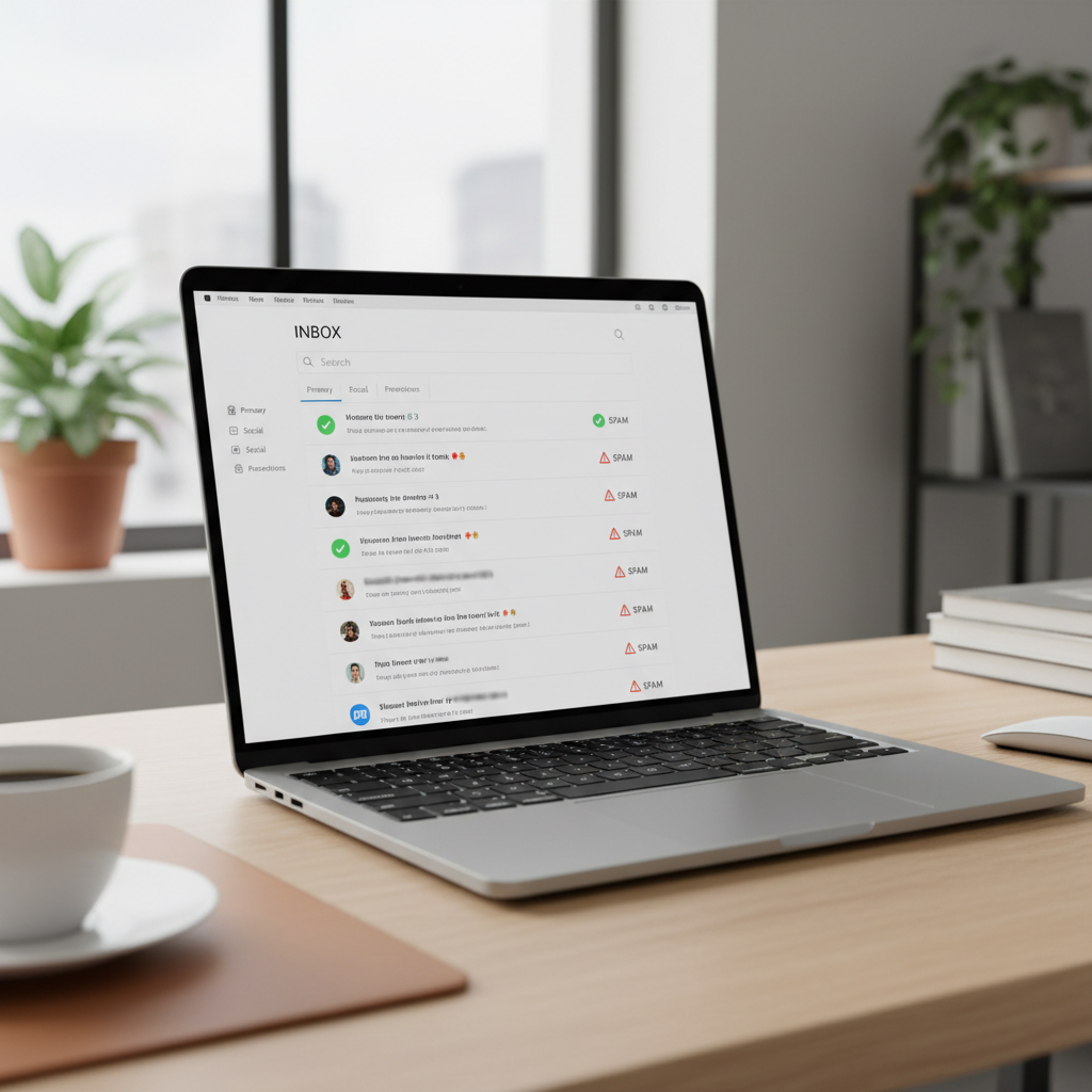 Clean email inbox on a laptop screen showing organised messages with spam filter indicators