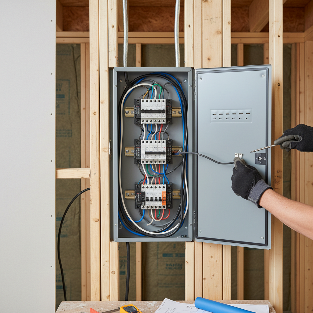 Residential electrician performing wiring installation in Oregon home, professional electrical work